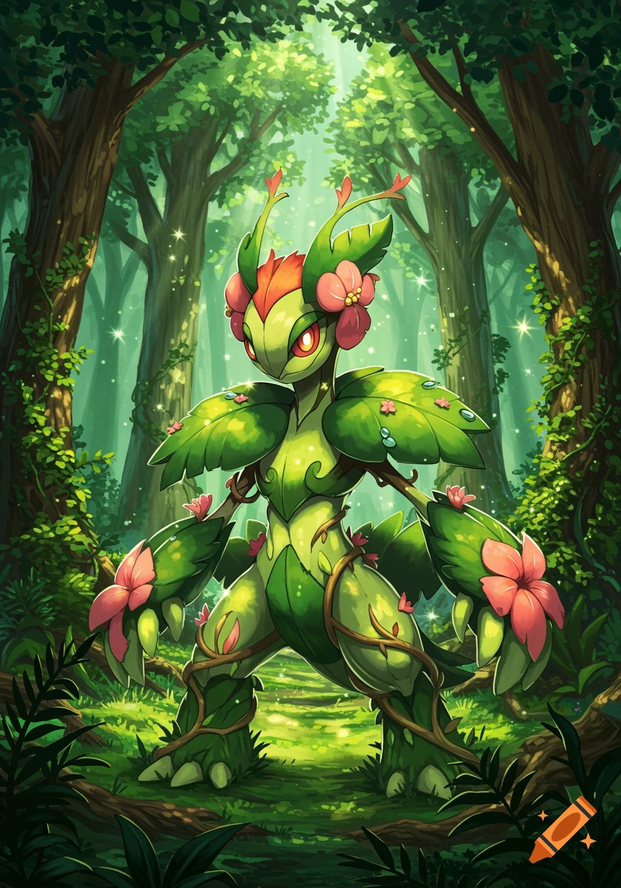 A vibrant, plant-like creature resembling a Pokemon stands in a lush, sunlit forest.