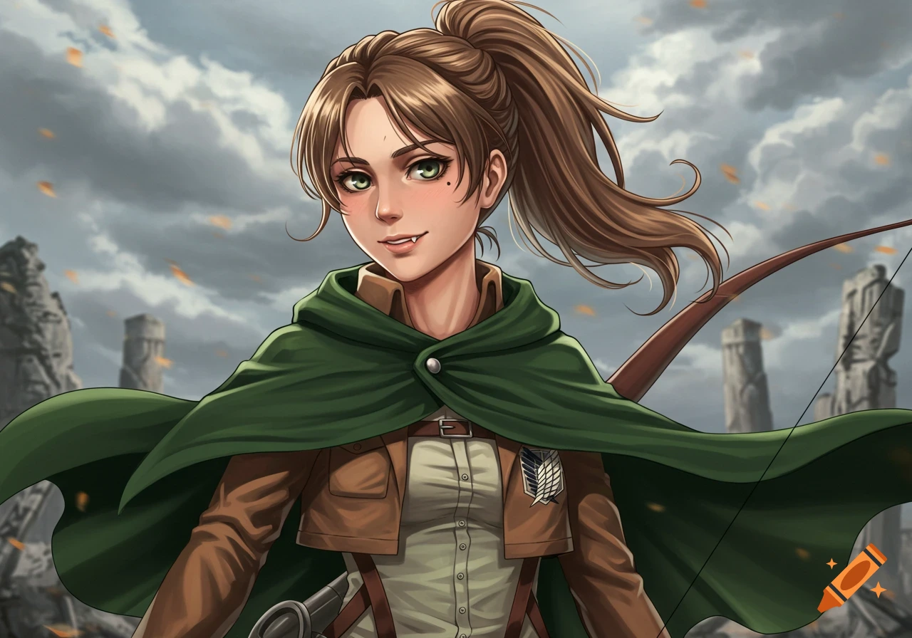 Anime girl in Survey Corps uniform with a bow, smiling, against a cloudy sky and distant ruins.