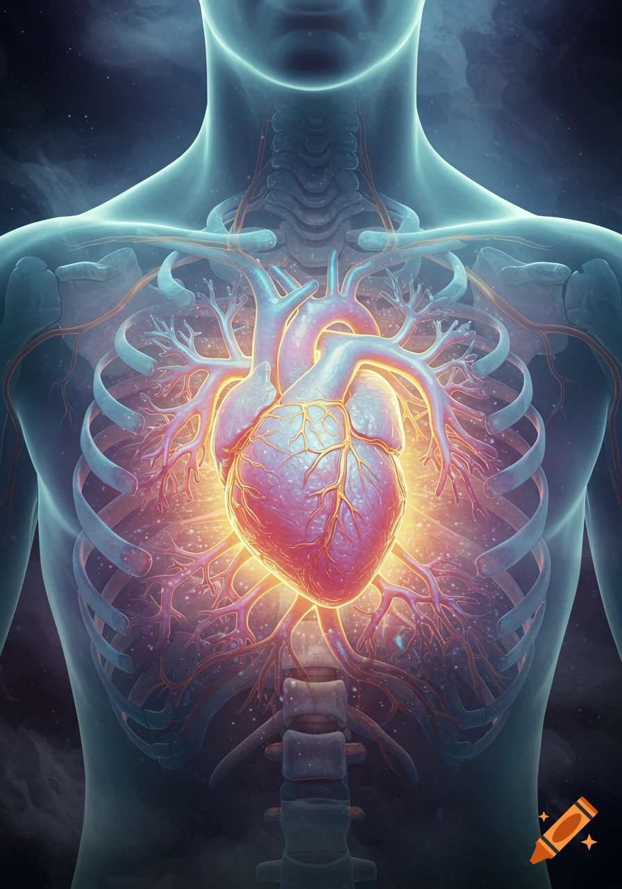 A glowing human heart inside a translucent body with a visible rib cage and spine, in an artistic, conceptual style.