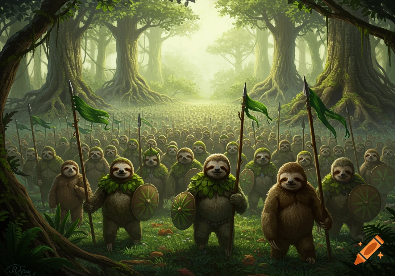 A vast army of sloths, some wearing leaf armor and holding spears and shields, stands in a misty, lush forest.