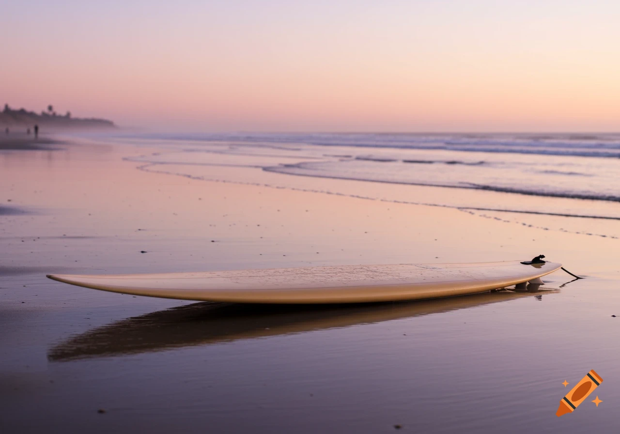 A minimalist shot of a surfboard lying on a wet sandy beach at sunset, with soft pastel colors in the sky and calm waves in the background.