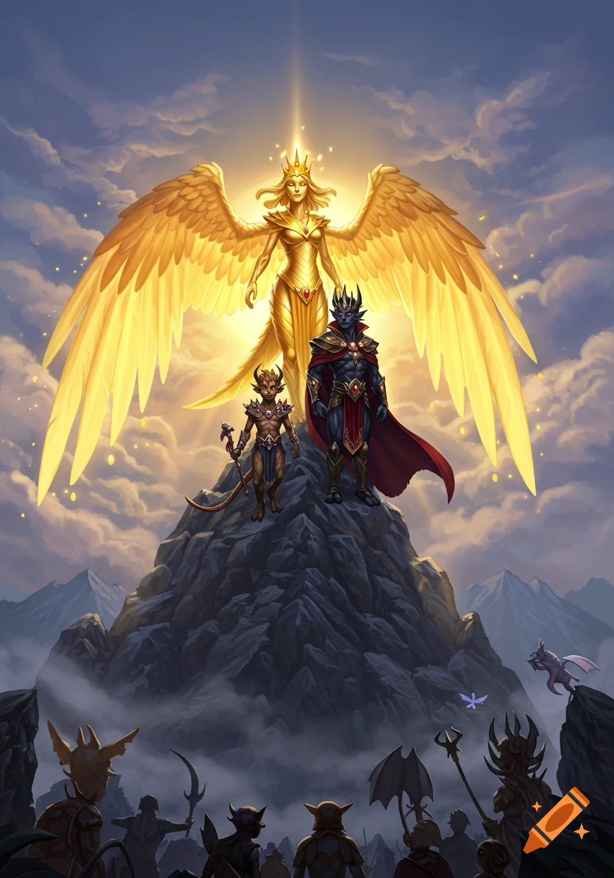 A golden-winged queen, a dark king, and a horned creature stand on a mountain peak as a crowd gathers below, a fantasy illustration.