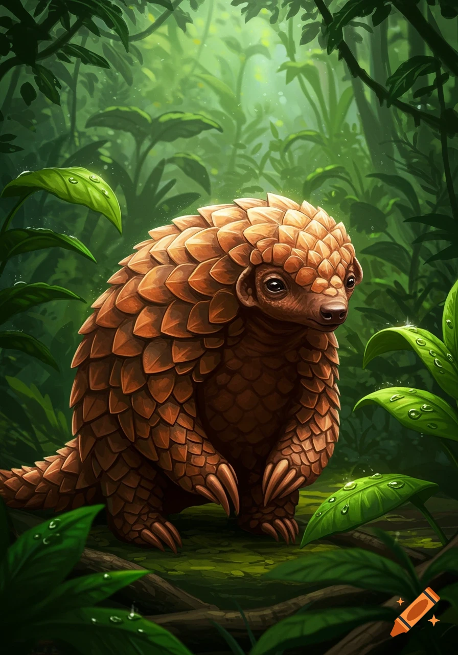 An adorable pangolin with textured scales sits in a vibrant, lush green jungle with water droplets on leaves in an illustration style.