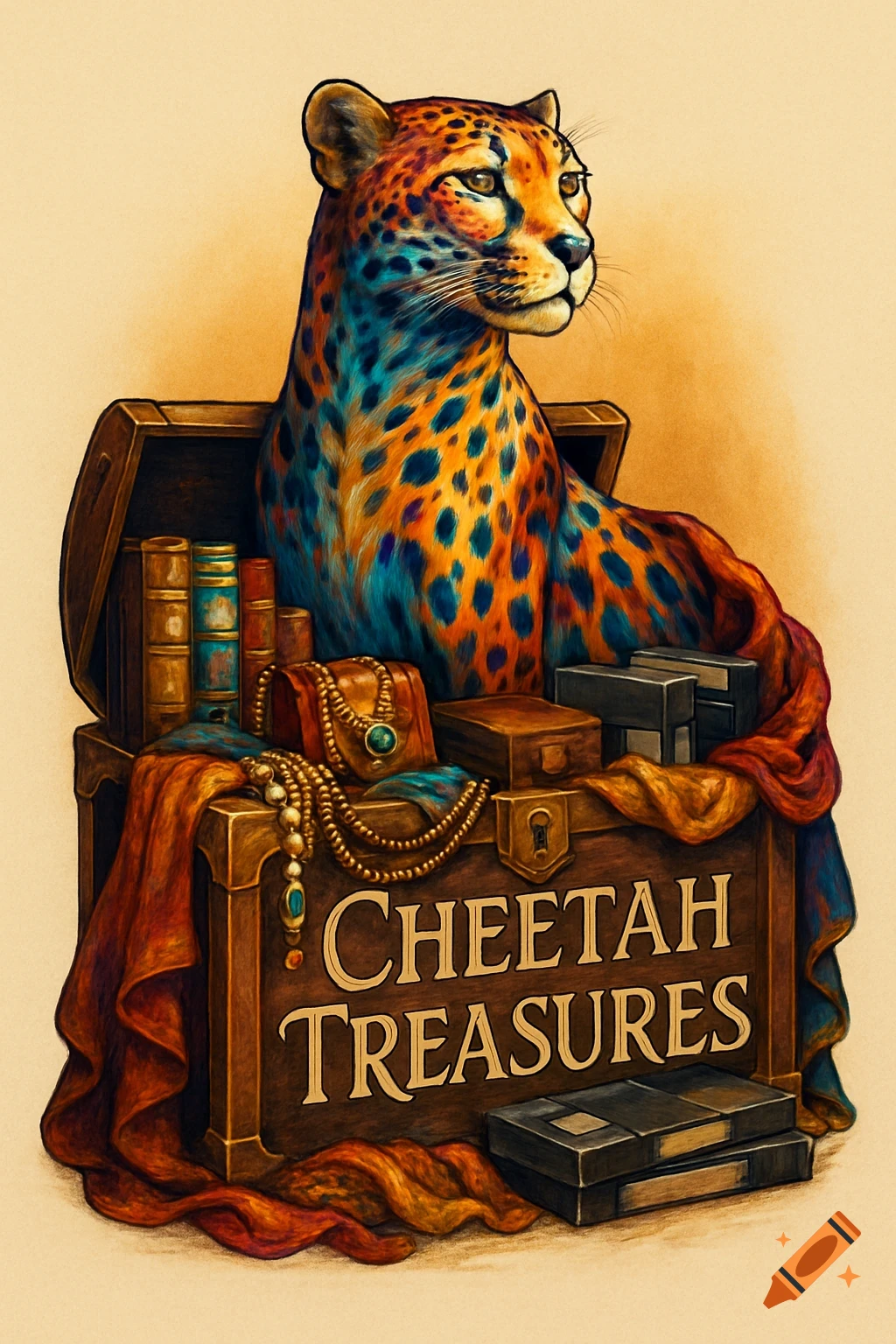 A detailed, vibrantly colored cheetah sits in an open treasure chest filled with books, jewelry, scarves, and boxes. The chest reads 'CHEETAH TREASURES'.