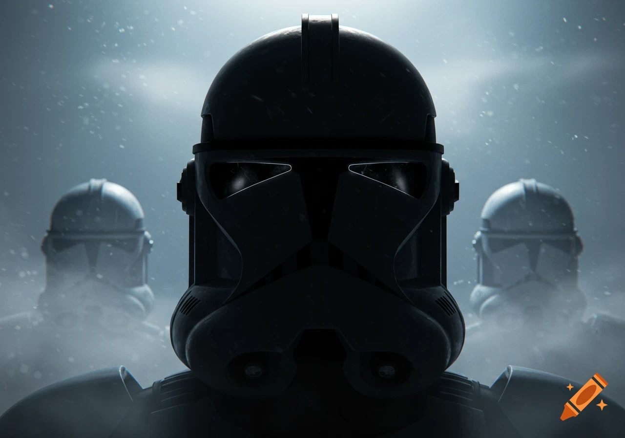 A dark, photorealistic close-up of a Clone Trooper helmet in a misty, snowy environment, with two blurred troopers in the background.