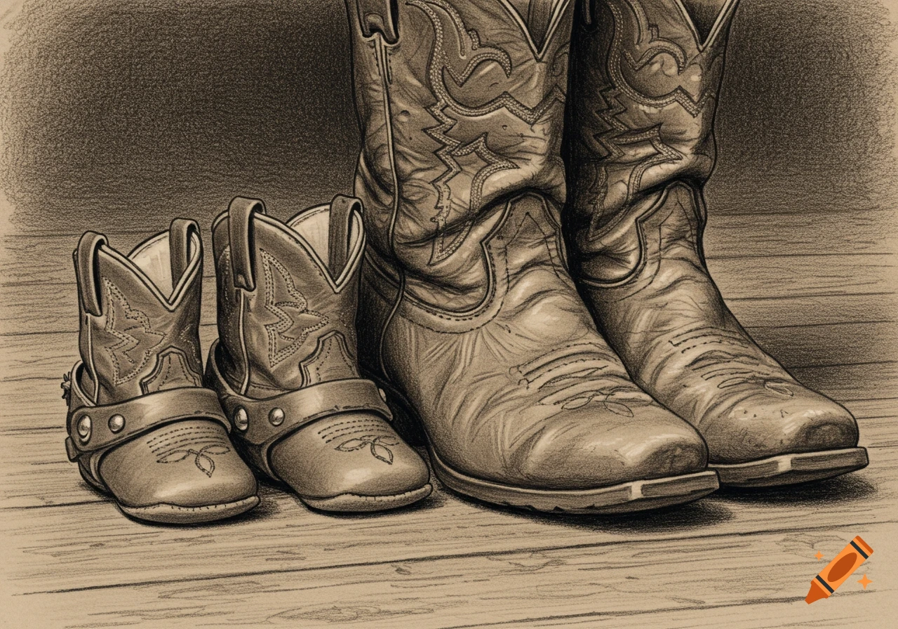 Sepia sketch of large and small cowboy boots on a wooden floor, evoking a vintage look.