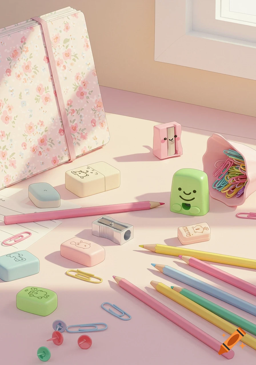 A close-up of a variety of cute, pastel-colored school supplies, including pencils, erasers, sharpeners, and paperclips, on a light pink surface.
