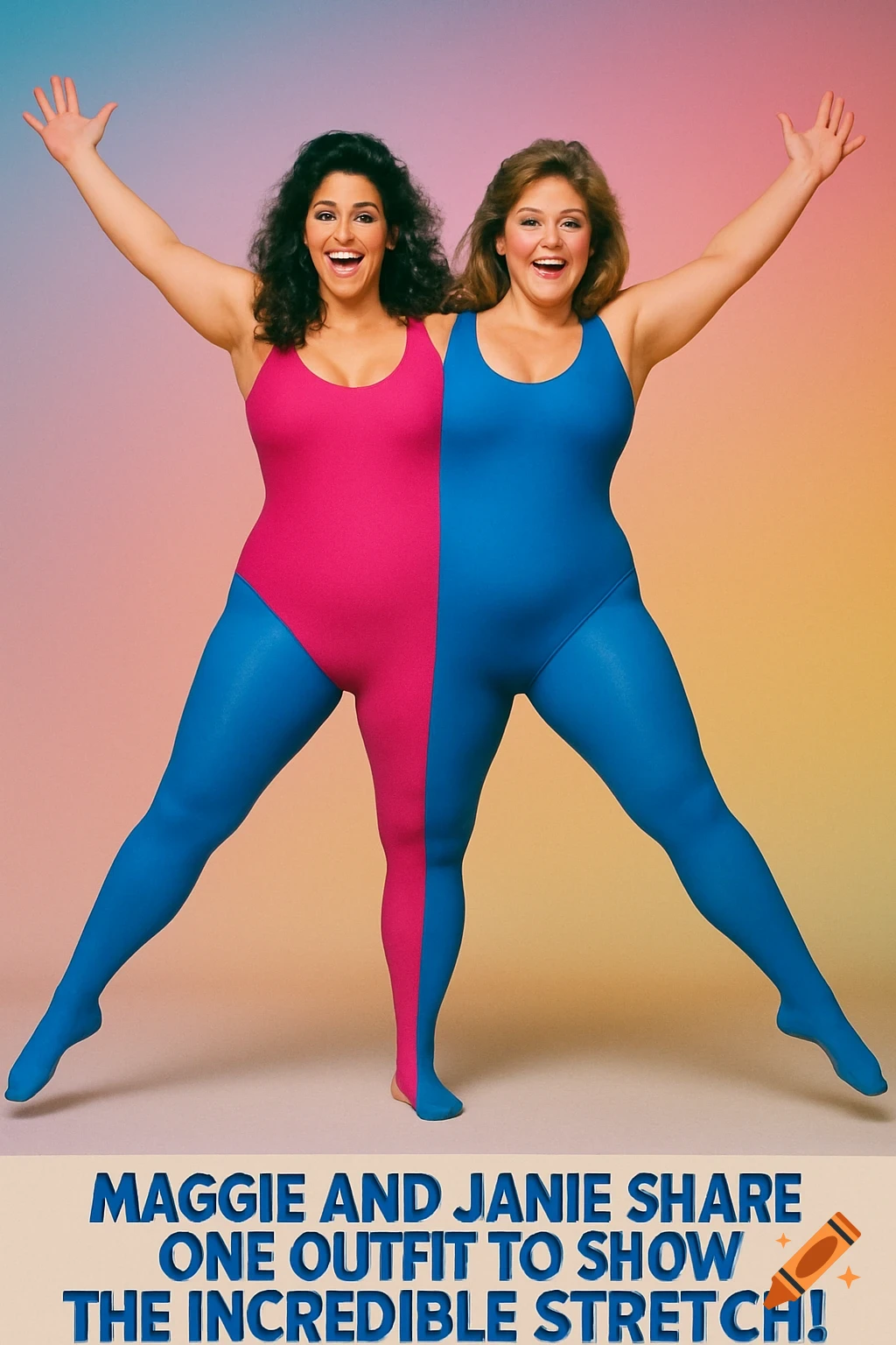 Two smiling women, in a split pink and blue leotard and tights, pose with outstretched arms for a retro ad.
