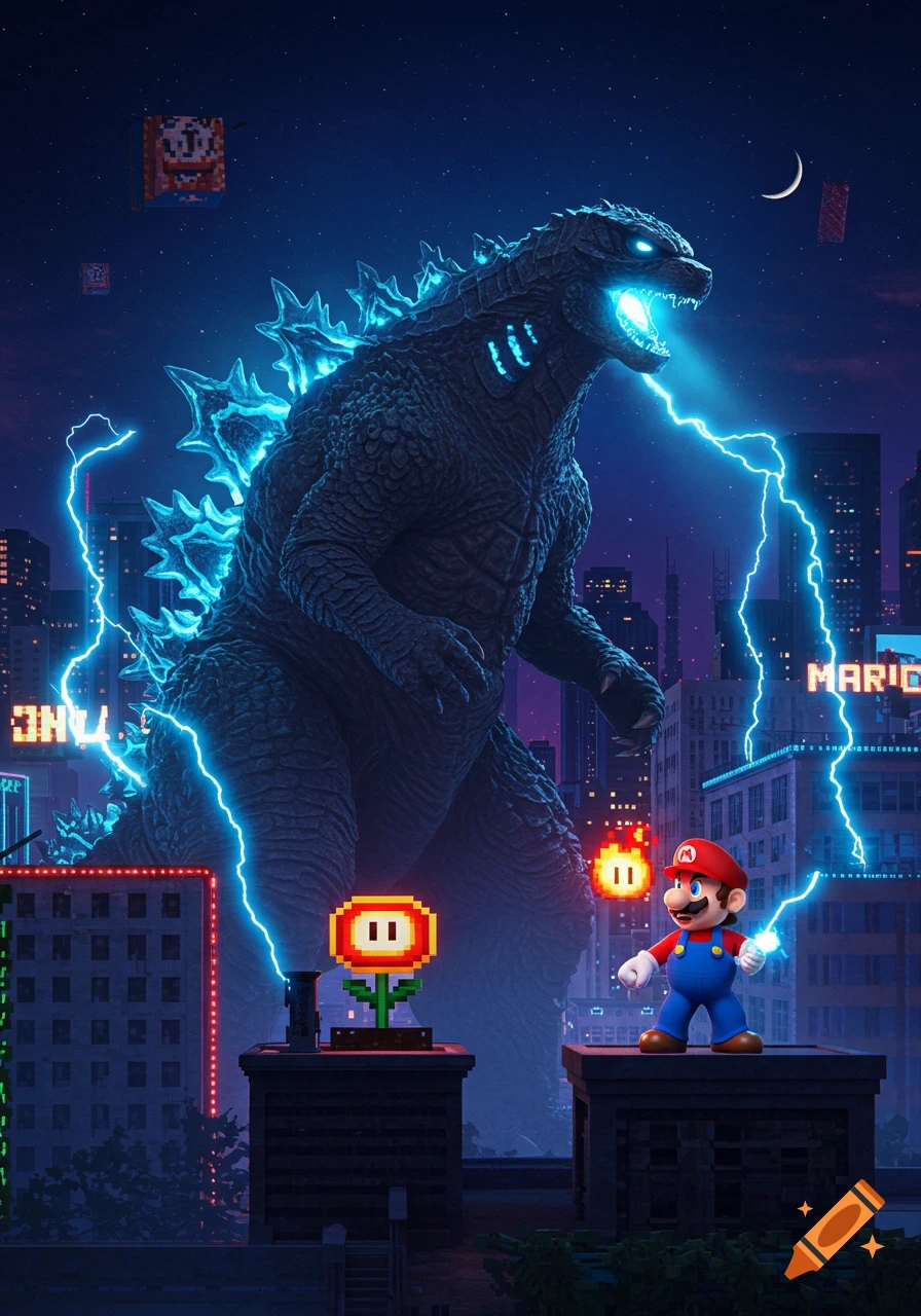 Giant glowing blue Godzilla battles Mario in a dark city, surrounded by lightning and pixelated elements.