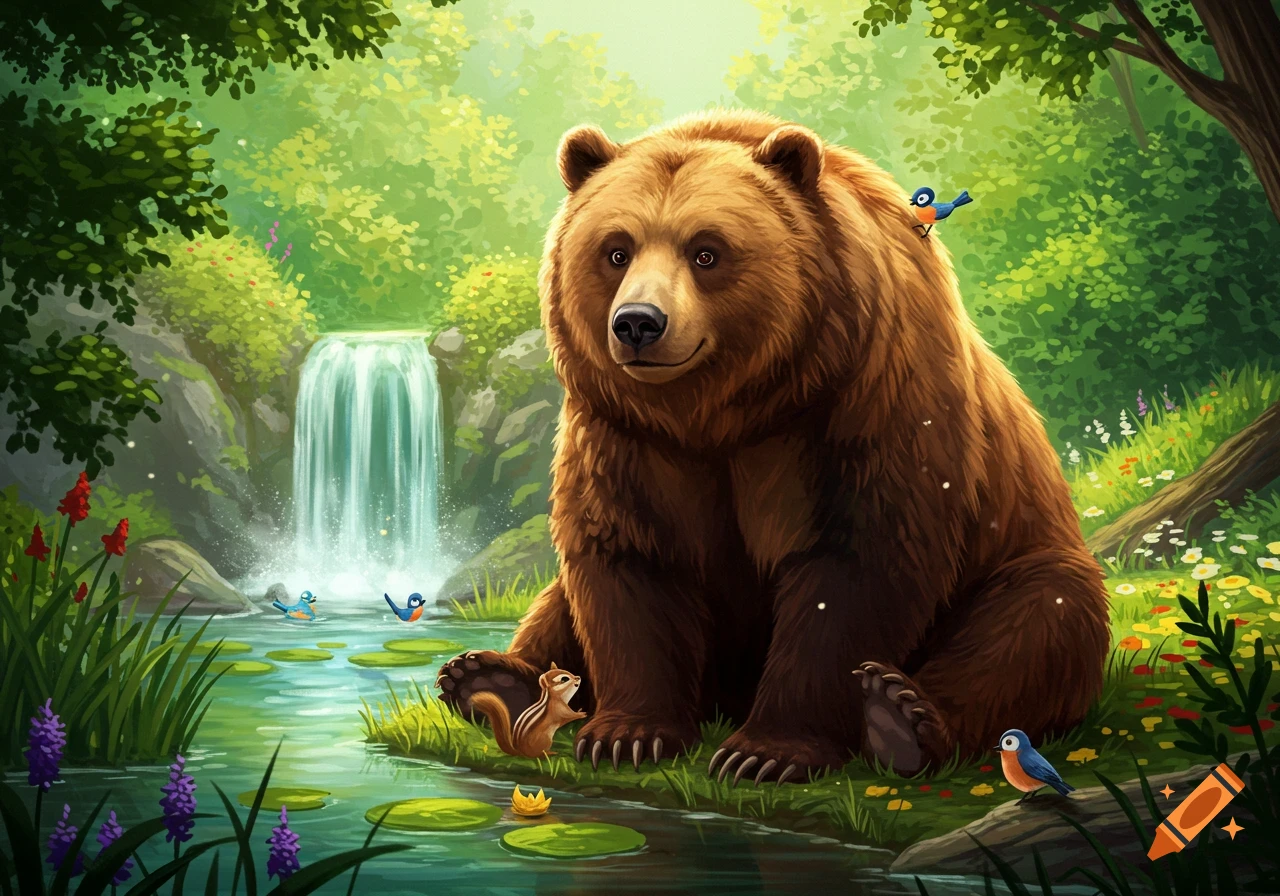 A friendly brown bear sits by a stream with a waterfall in a lush, green forest with small birds and a squirrel in an illustrative style.