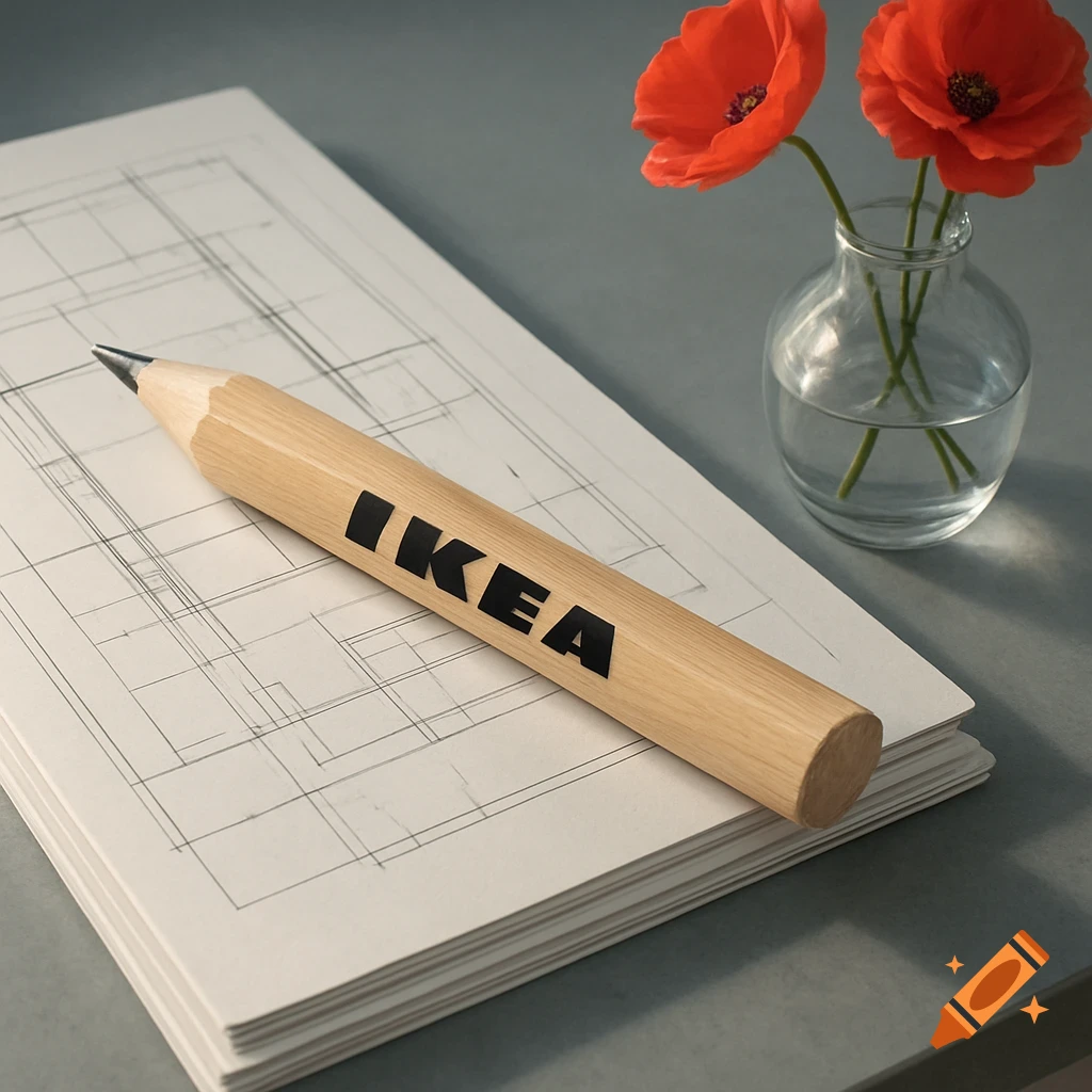 A large wooden IKEA pencil lies on a stack of architectural drawings next to a glass vase with two red poppies.