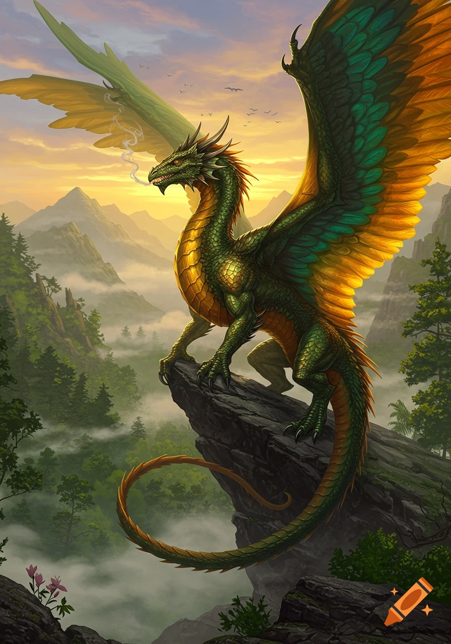 A majestic green and gold dragon with vibrant wings perches on a cliff overlooking a misty mountain valley at sunset.