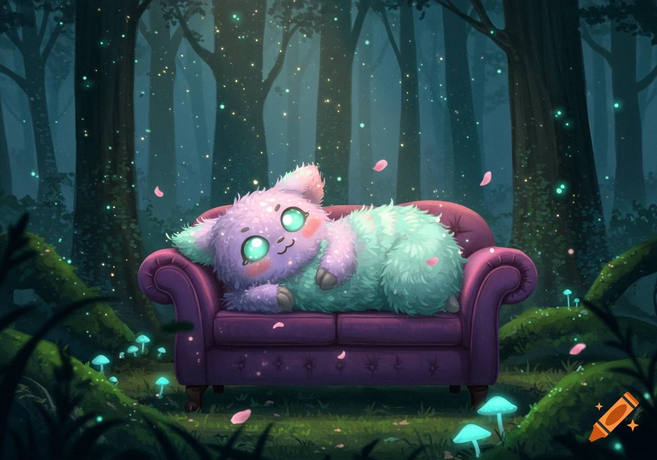 A fluffy purple and teal creature with large green eyes rests on a purple couch in an enchanted forest with glowing particles.