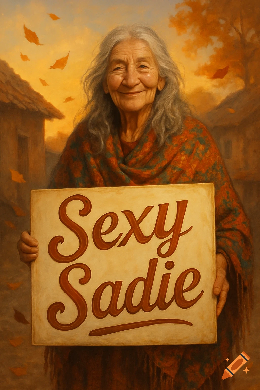 A smiling old woman with gray hair holds a "Sexy Sadie" sign in a painterly autumn setting.