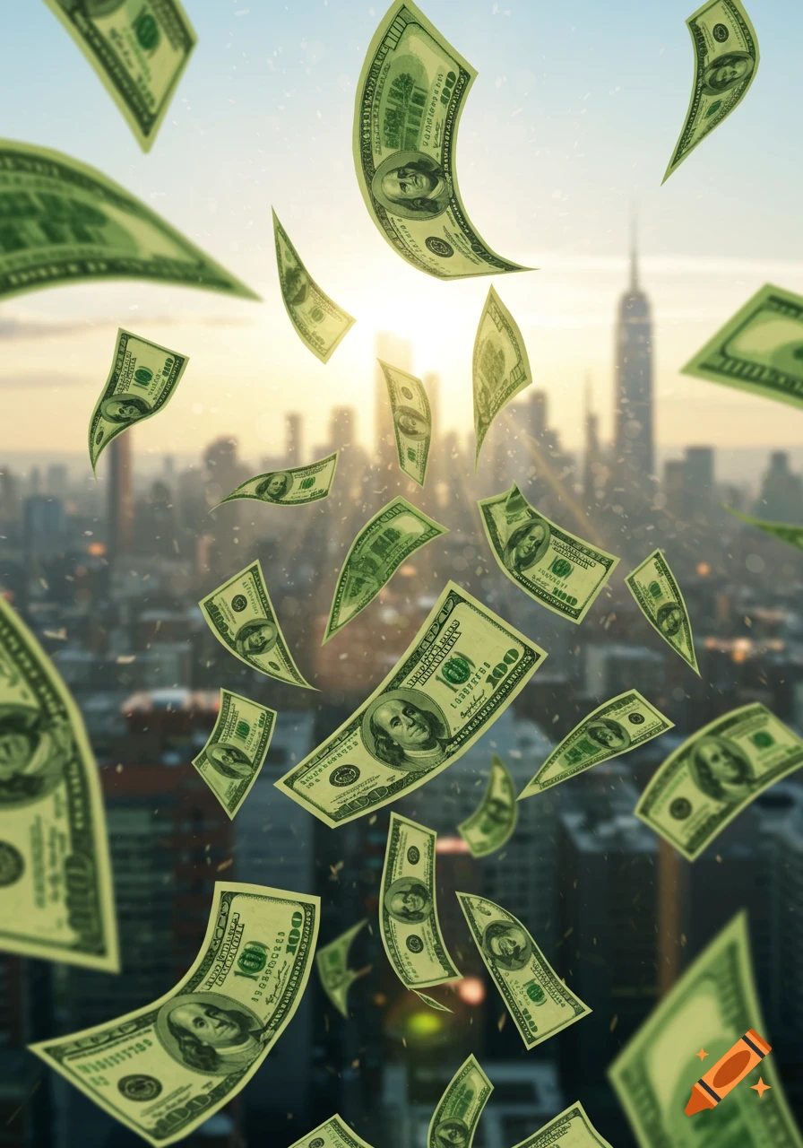 Numerous dollar bills falling over a blurred city skyline at sunset.
