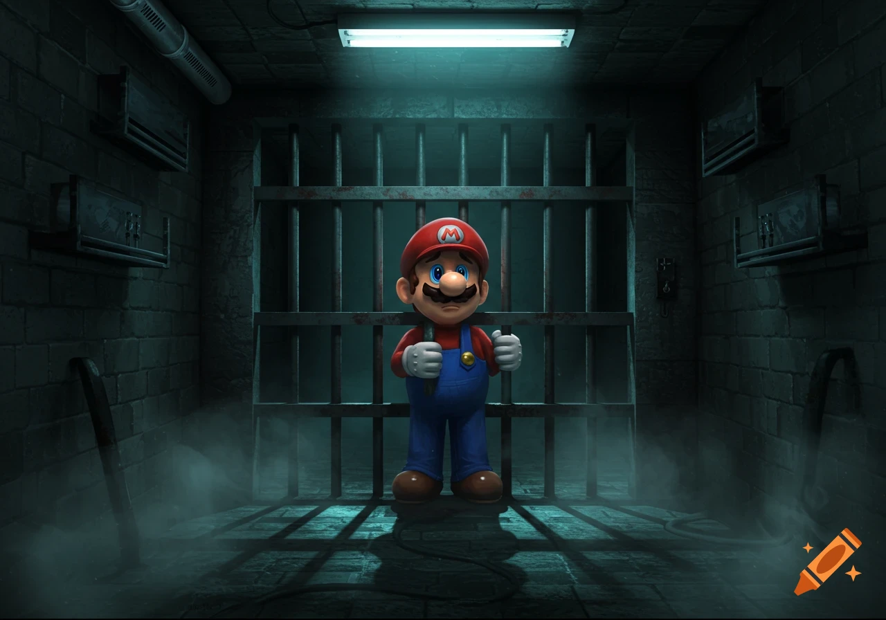 3D render of Mario in a dark, misty prison cell, standing behind metal bars with a slightly somber expression.