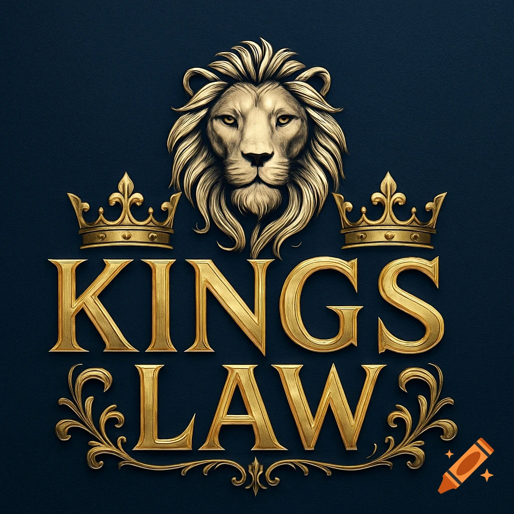 A golden lion head logo with two crowns and the words "KINGS LAW" in embossed gold letters on a dark blue background.