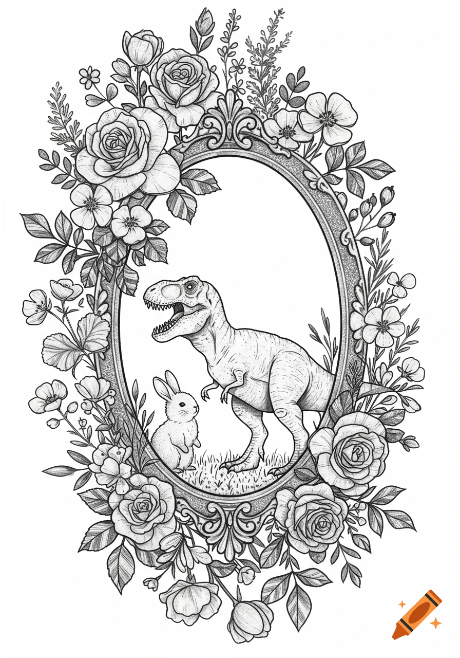A black and white line art tattoo design featuring a T-Rex and a bunny in an ornate oval frame surrounded by roses and other flowers.