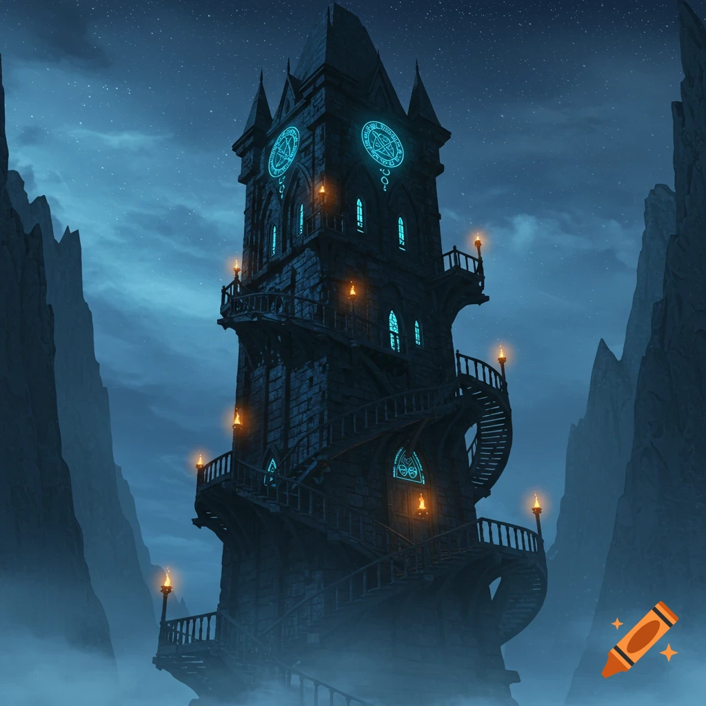 A dark, gothic-style mage tower with glowing blue clock faces and spiraling staircases rises from mist between mountains under a starry night sky.