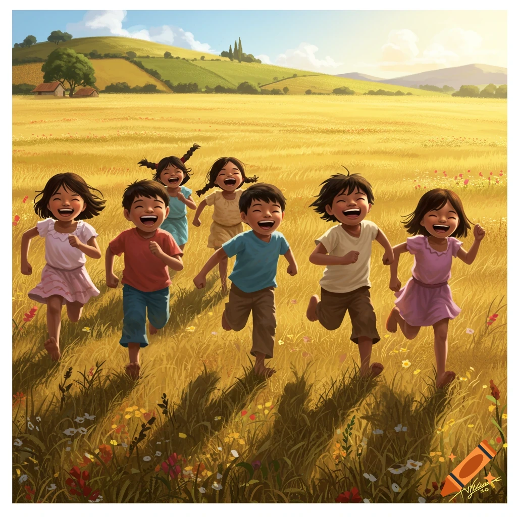Joyful children run through a sunny golden field, with green hills and a blue sky in the background, in an animated style.