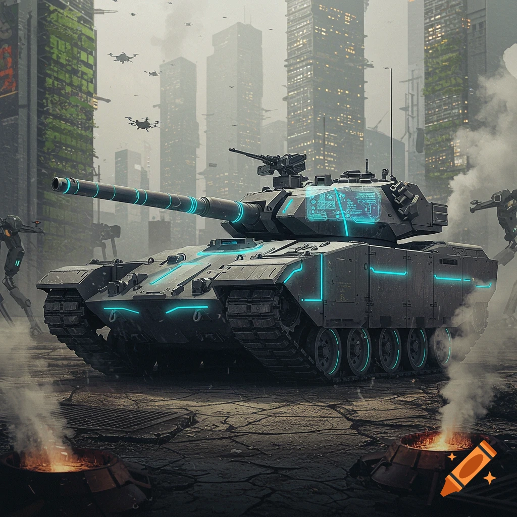 A futuristic military tank with neon blue lights on its chassis, positioned on a cracked road in a dystopian city with tall, overgrown buildings and flying drones. Photorealistic style.