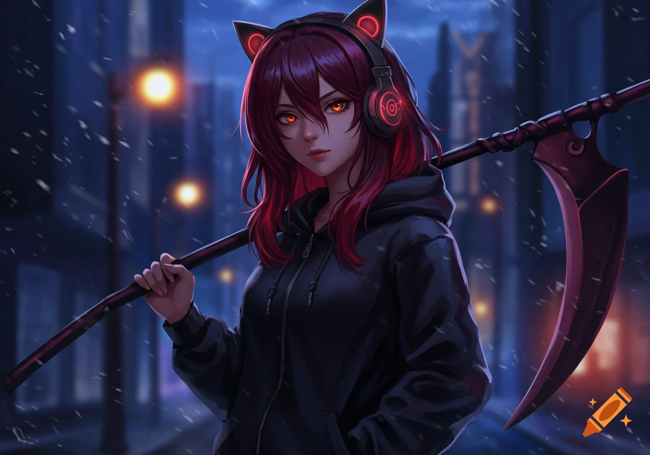 Anime girl with red hair, orange eyes, black hoodie, and cat-ear headphones holding a scythe in a snowy city street at night.