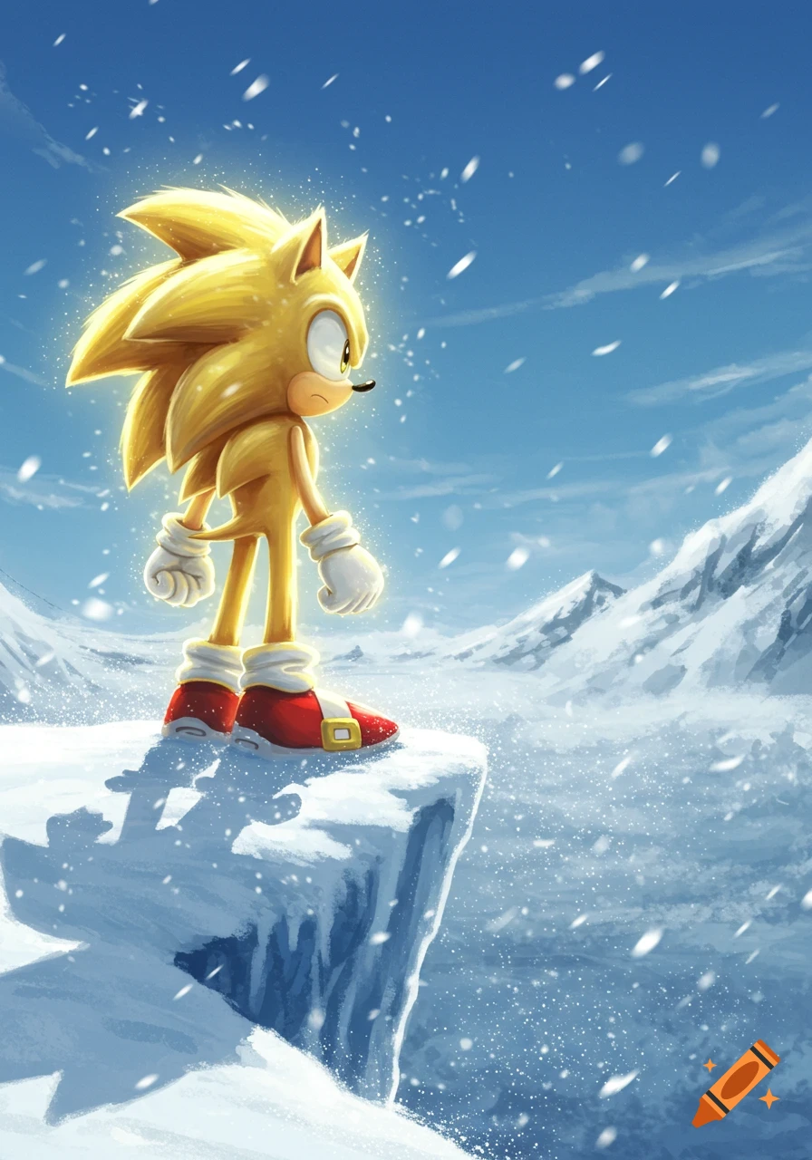 Super Sonic stands on a snow-covered mountain cliff, looking out at a snowy landscape under a blue sky.