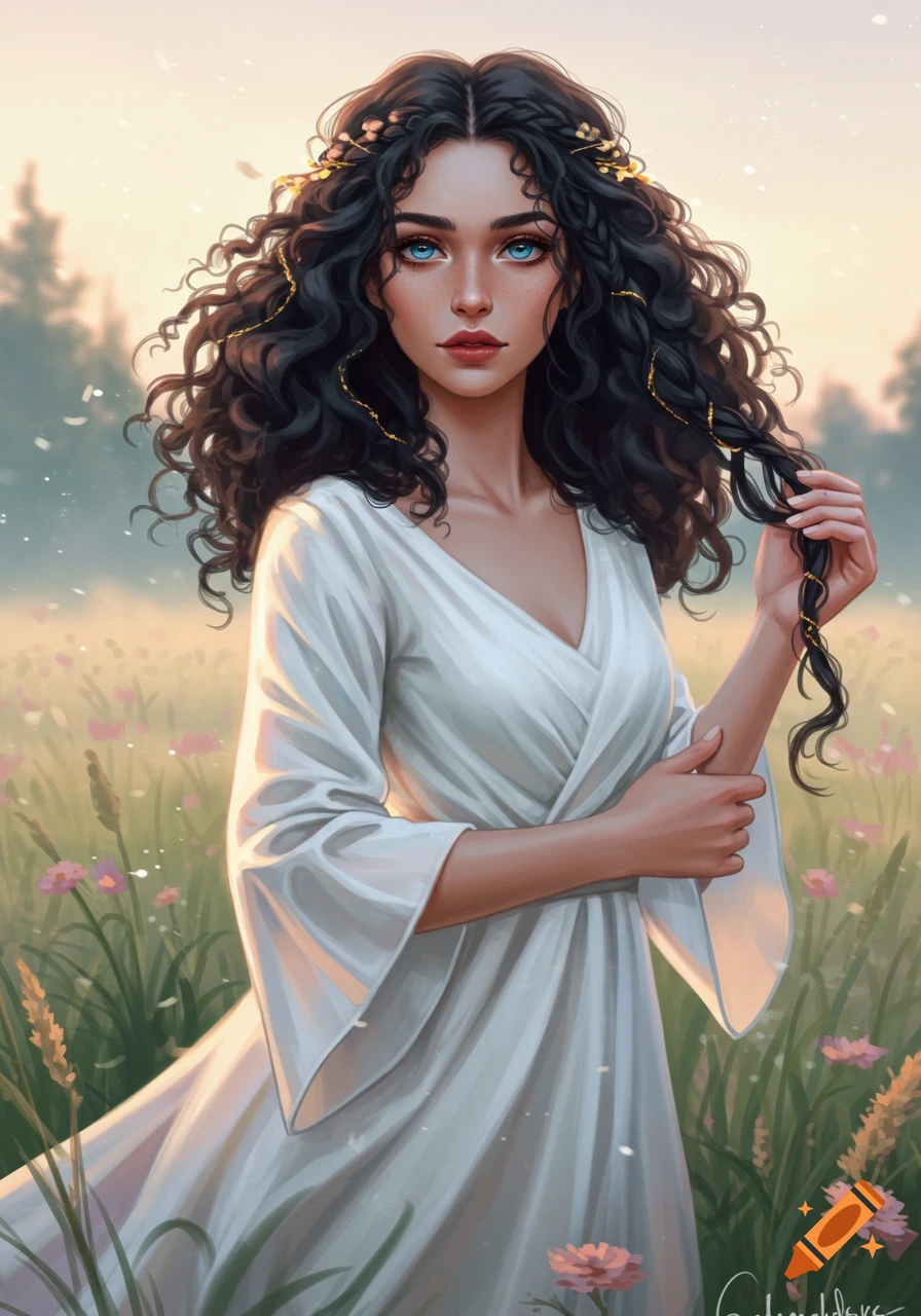 A woman with curly black hair and blue eyes wears a white gown in a field of flowers at sunset, in a digital art style.