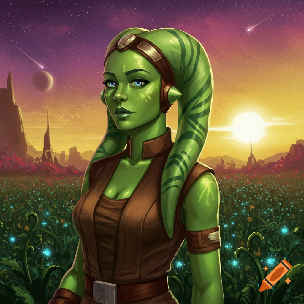 A green-skinned Twi'lek woman in a brown outfit stands in an alien field with glowing plants, under a sunset sky with a planet and meteors.