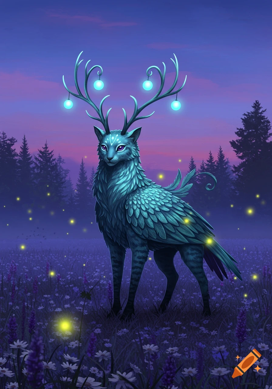 A majestic teal-feathered fantasy creature with a cat face and glowing antler lights stands in a moonlit field of purple flowers and fireflies.