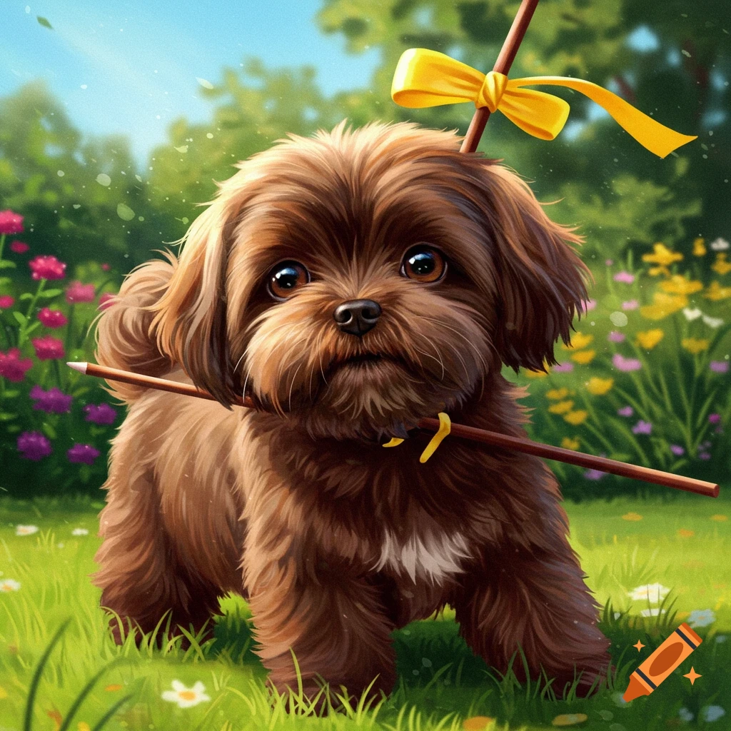 A fluffy brown shih tzu puppy with a stick in its mouth and a yellow-bowed stick on its head stands in a sunny, flower-filled garden in a painterly style.