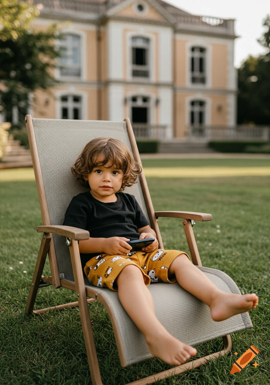 A young child with curly brown hair sits barefoot on a sun chair in a grassy backyard, holding a phone, with a large mansion in the background.