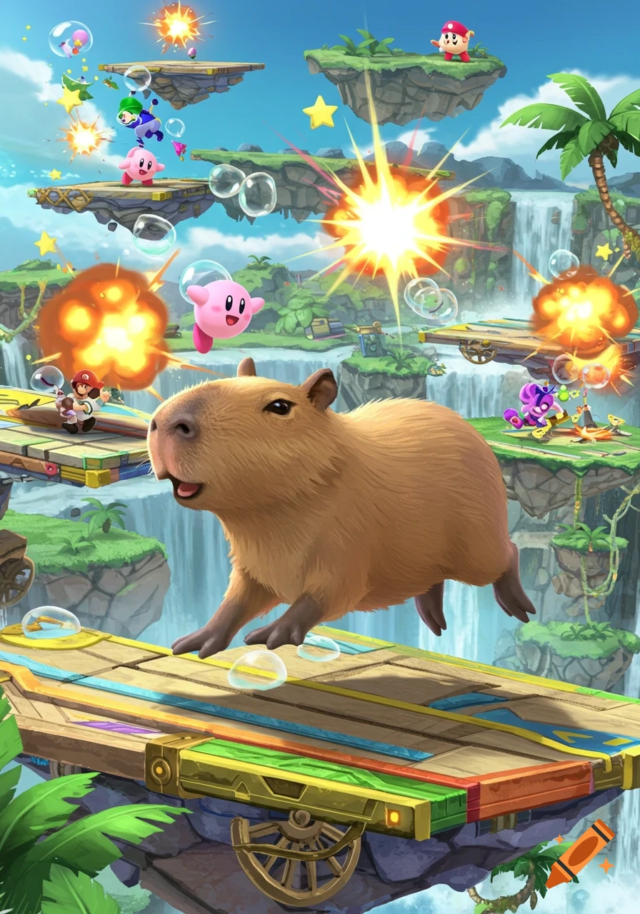 A cartoon capybara on a Super Smash Bros. stage with Kirby and other characters, explosions, and floating platforms.