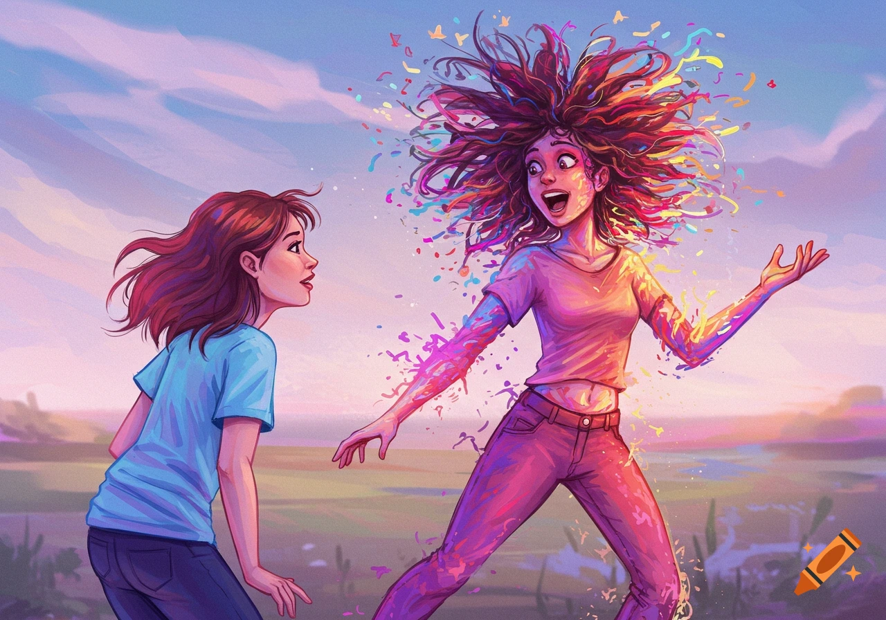 An illustration of two young women outdoors, one bursting with colorful energy, the other watching.