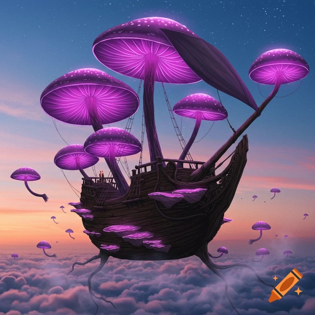 A fantasy wooden galleon ship with glowing purple mushroom sails floats above clouds at sunset.