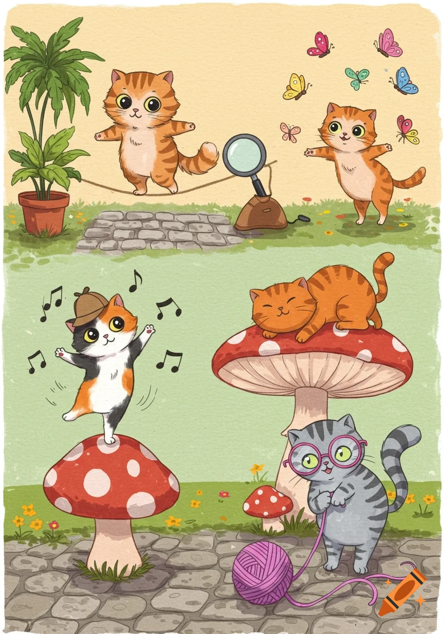 Five cute cartoon cats playing in a garden, with one on a tightrope, one with butterflies, one dancing, one sleeping, and one knitting.
