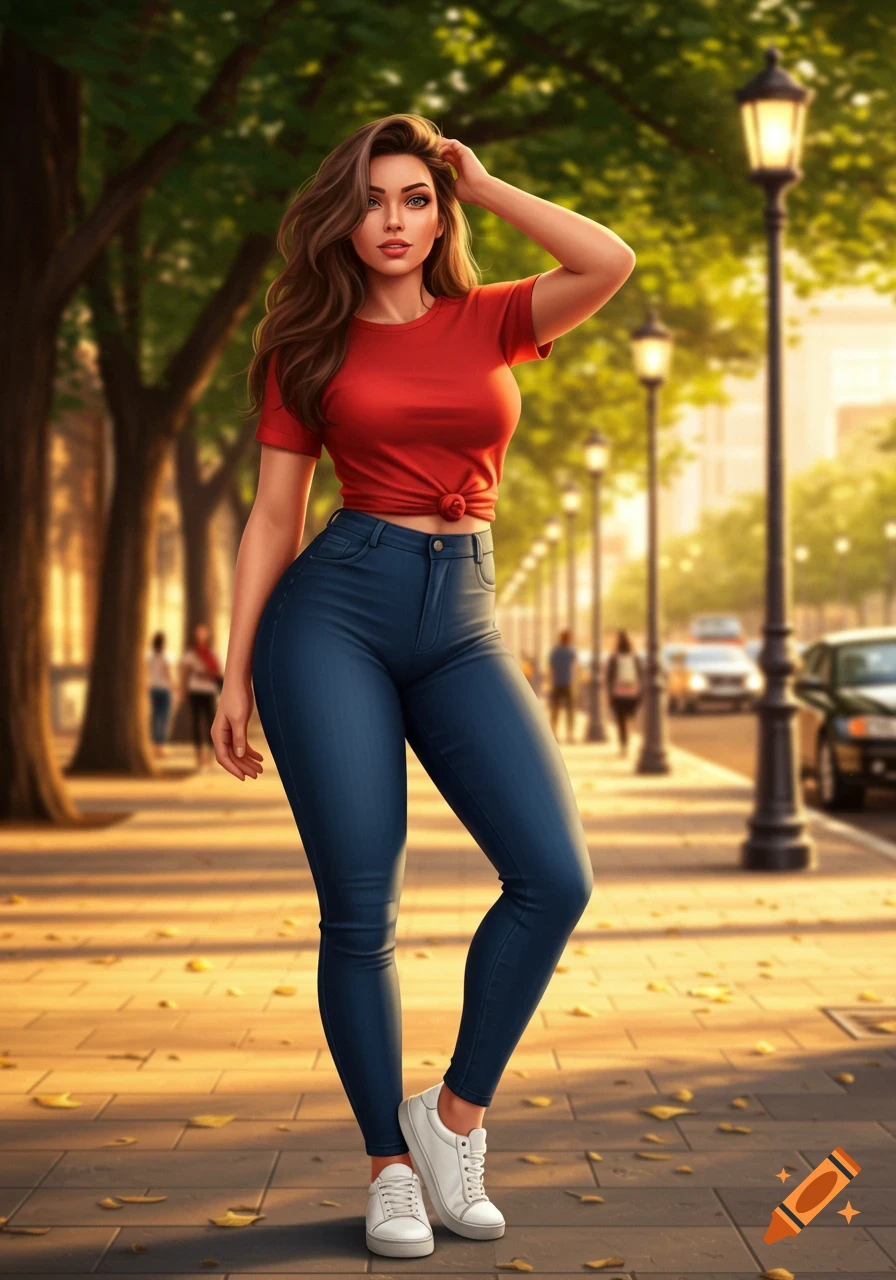 A photorealistic image of a woman in a red t-shirt and blue jeans, standing on a sunlit sidewalk with trees and streetlights.