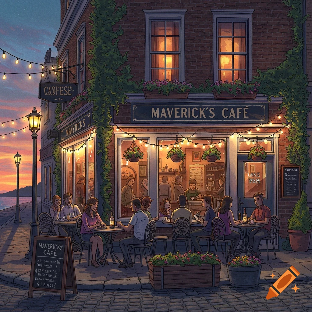 An evening illustration of Maverick's Cafe with people dining outside, string lights, and a warm glow from inside.