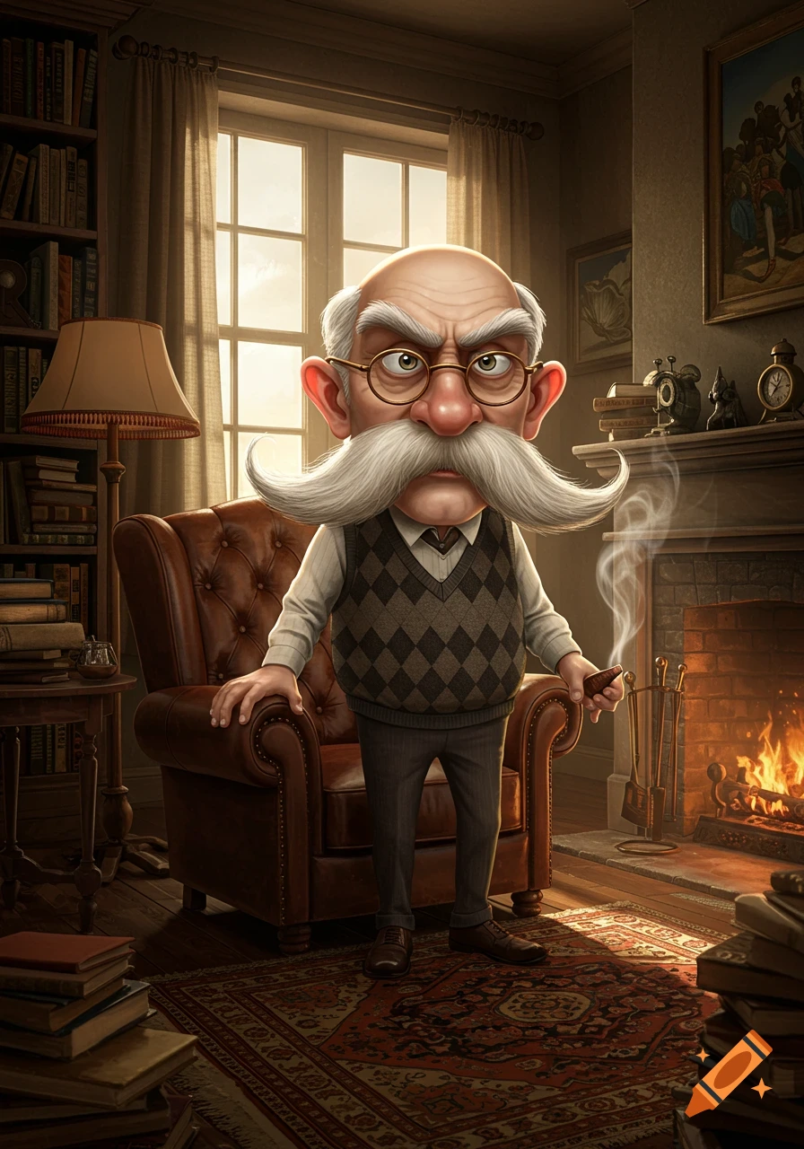 A grumpy, cartoonish old man with a large white mustache stands in a cozy study with a fireplace and books.