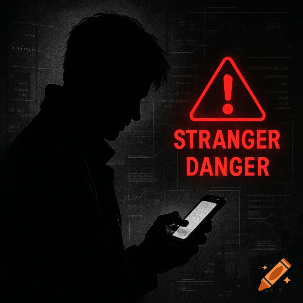 A dark silhouette of a person looking at a glowing phone screen, with a bright red warning sign displaying "STRANGER DANGER" next to them.