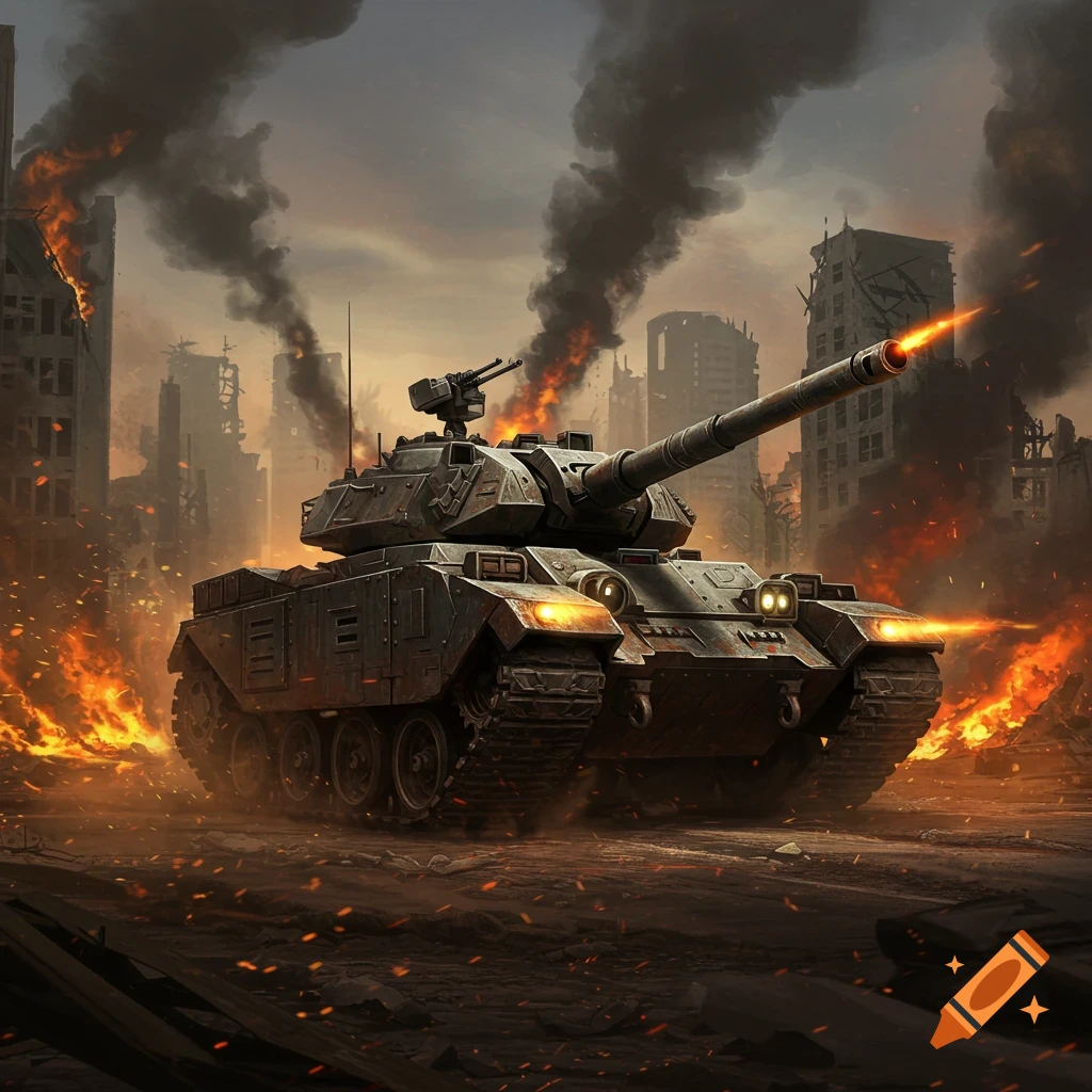A large tank firing its cannon in a fiery, destroyed city, rendered in a realistic video game art style.