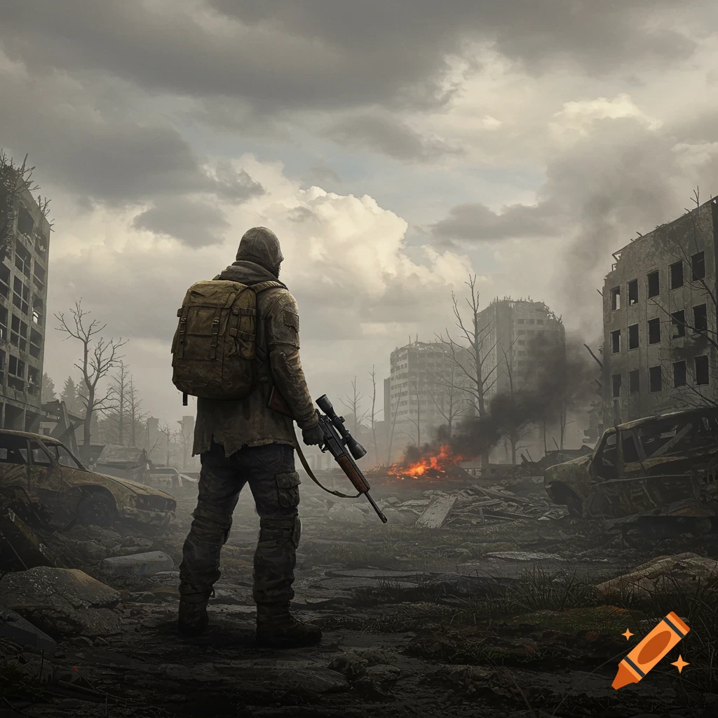 A lone figure with a rifle and backpack stands in a desolate, ruined city under a cloudy sky, with smoke and fire in the distance.