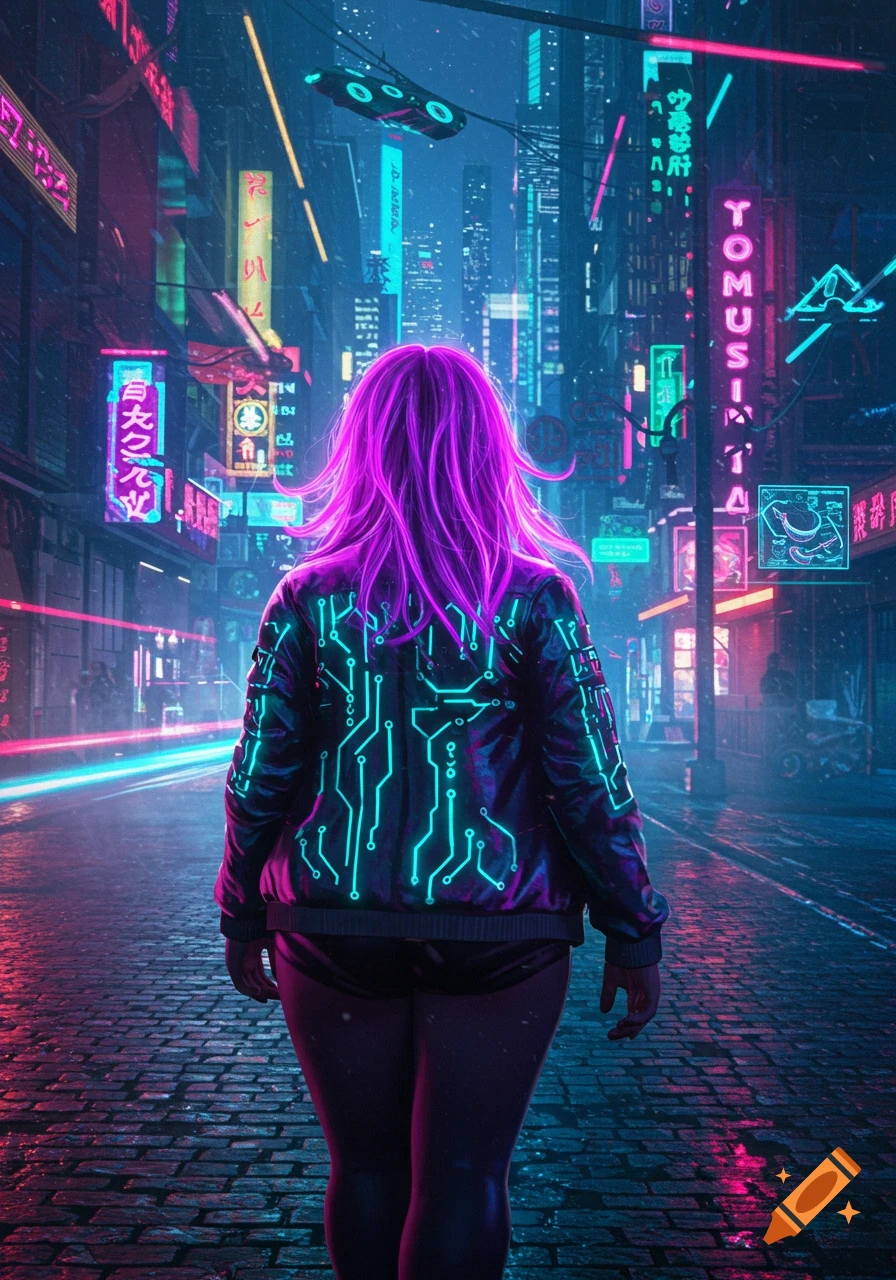 Cyberpunk woman with neon purple hair and glowing circuit jacket walks away in a neon-lit city street.