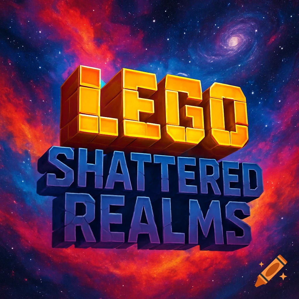 3D rendered title 'LEGO SHATTERED REALMS' against a vibrant cosmic background with nebulae and stars.