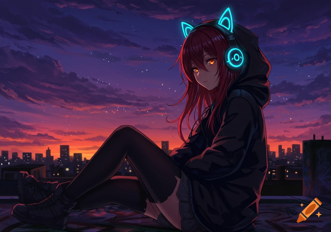 An anime girl with red hair, orange eyes, and glowing blue cat-ear headphones sits on a rooftop against a vibrant sunset city skyline.