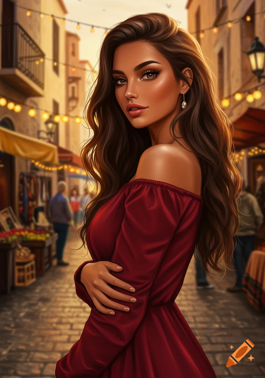 A beautiful brunette woman in a red off-shoulder dress stands on a cobblestone street with string lights in the background. Digital art style.