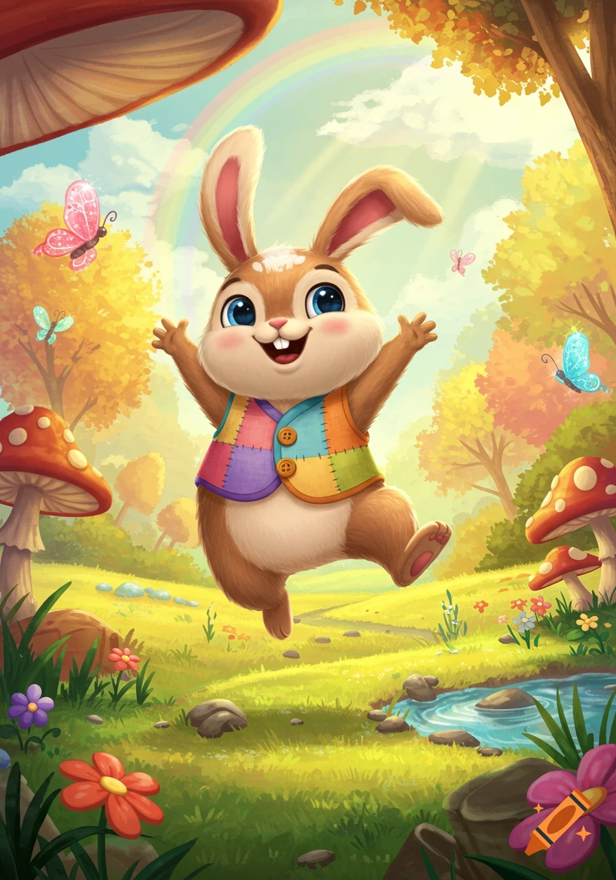 A happy cartoon rabbit in a colorful patchwork vest jumps with arms outstretched in a vibrant, whimsical forest with mushrooms, butterflies, and a rainbow.