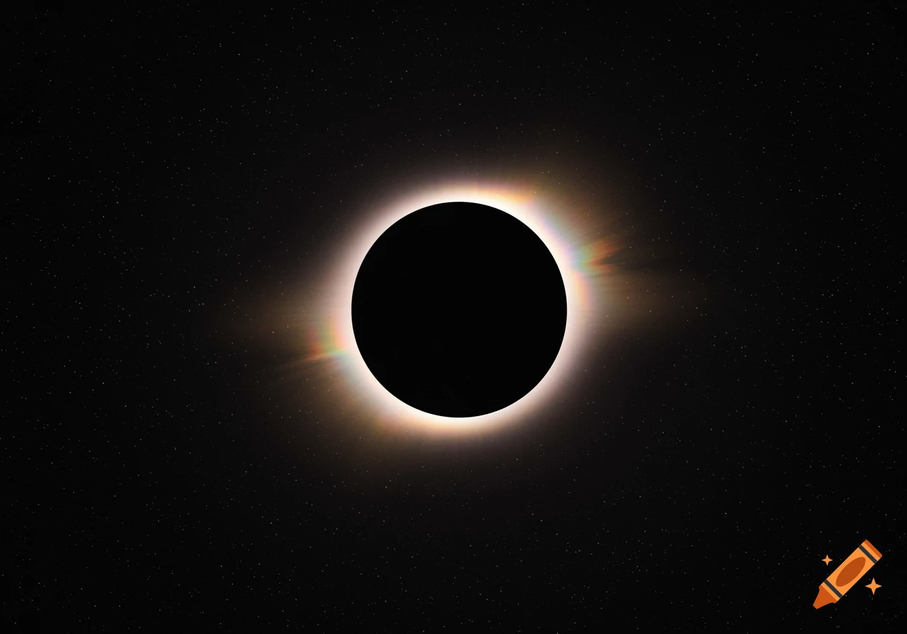 A photorealistic total solar eclipse showing a black disc surrounded by a glowing white and rainbow corona against a starry sky.