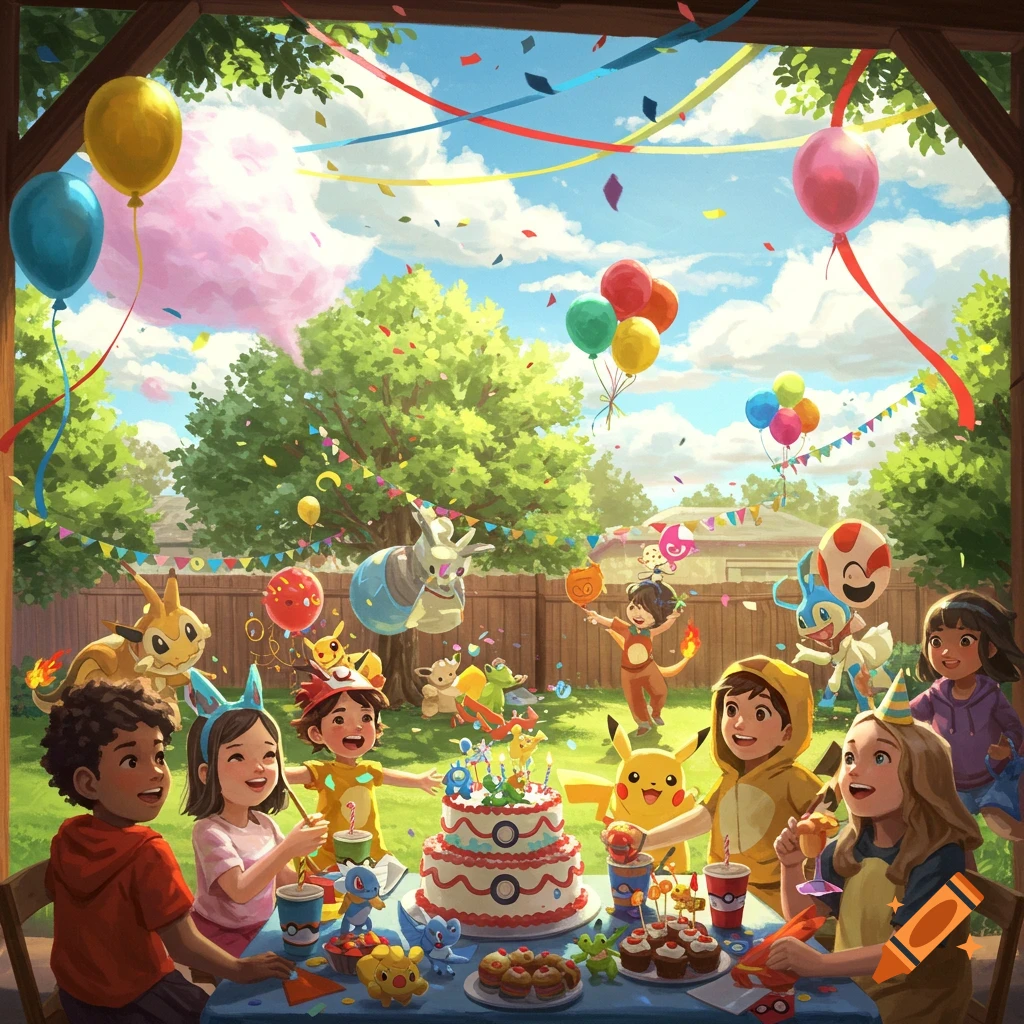 Children in Pokemon costumes celebrate a birthday party outdoors with a cake, balloons, and confetti.