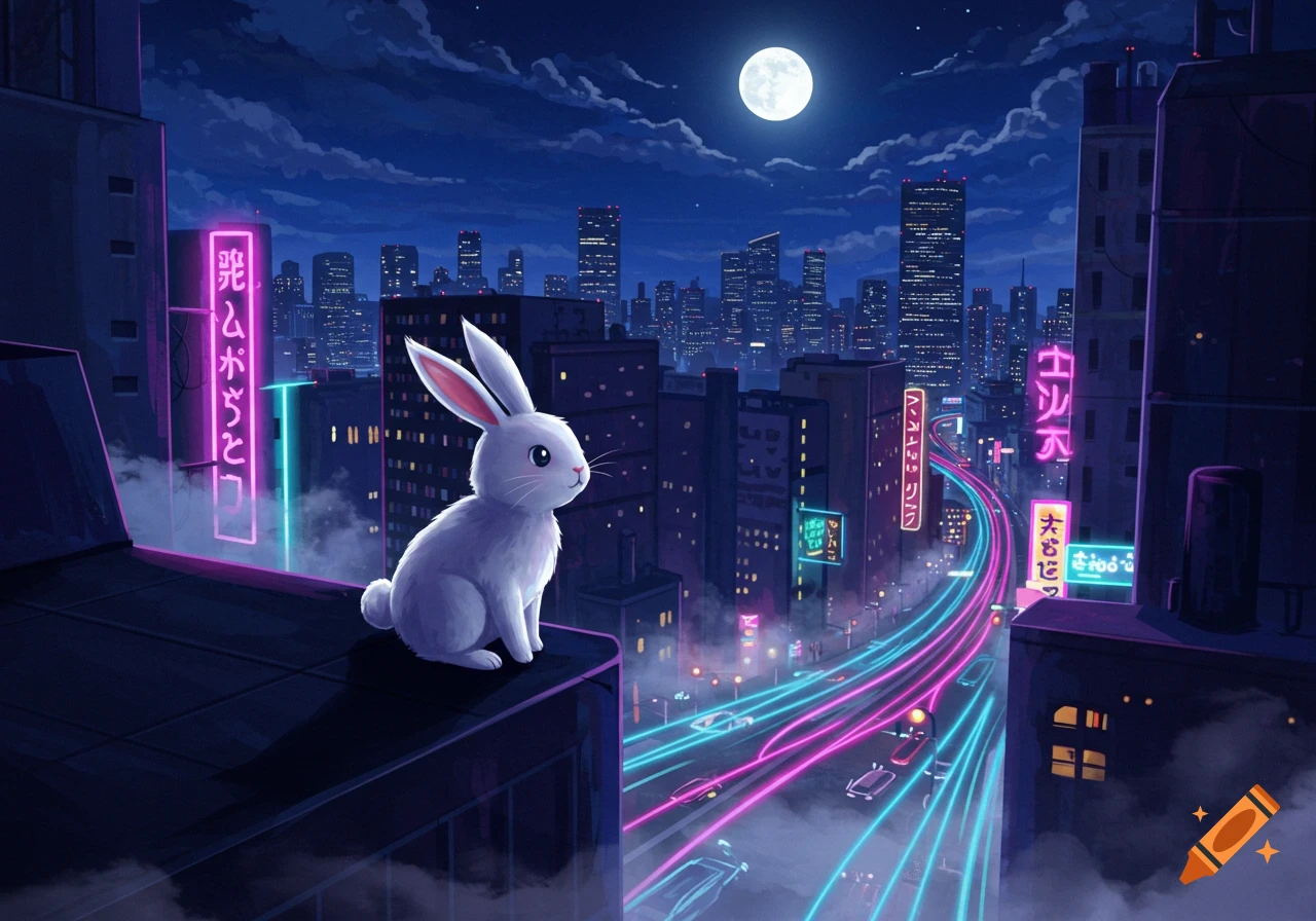 A cute white rabbit sits on a dark rooftop overlooking a neon-lit cyberpunk city at night under a full moon, in a digital art style.